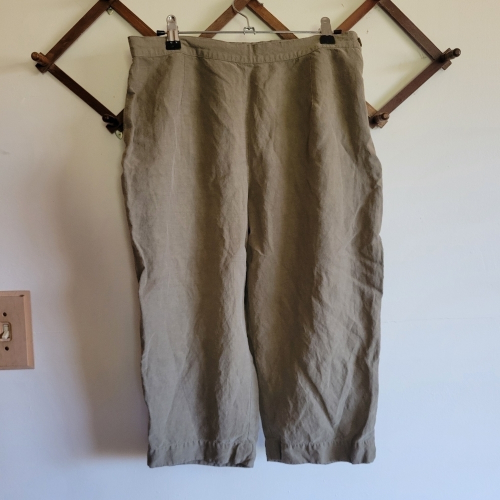 Vintage Jones New York Linen Silk Capri Pants Side Zip Green Gray Large 12